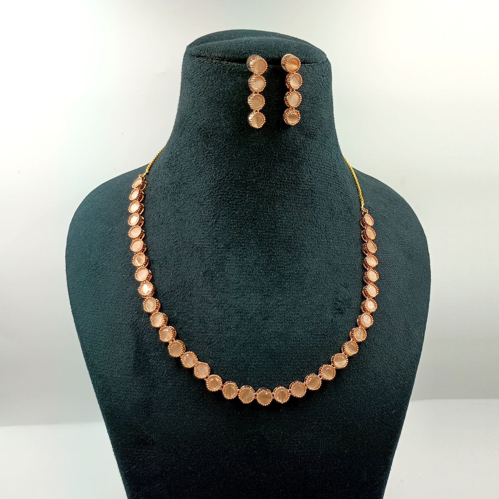 22K Gold Plated Peach Moonstone Bridal Necklace & Earrings Set India Jewelry