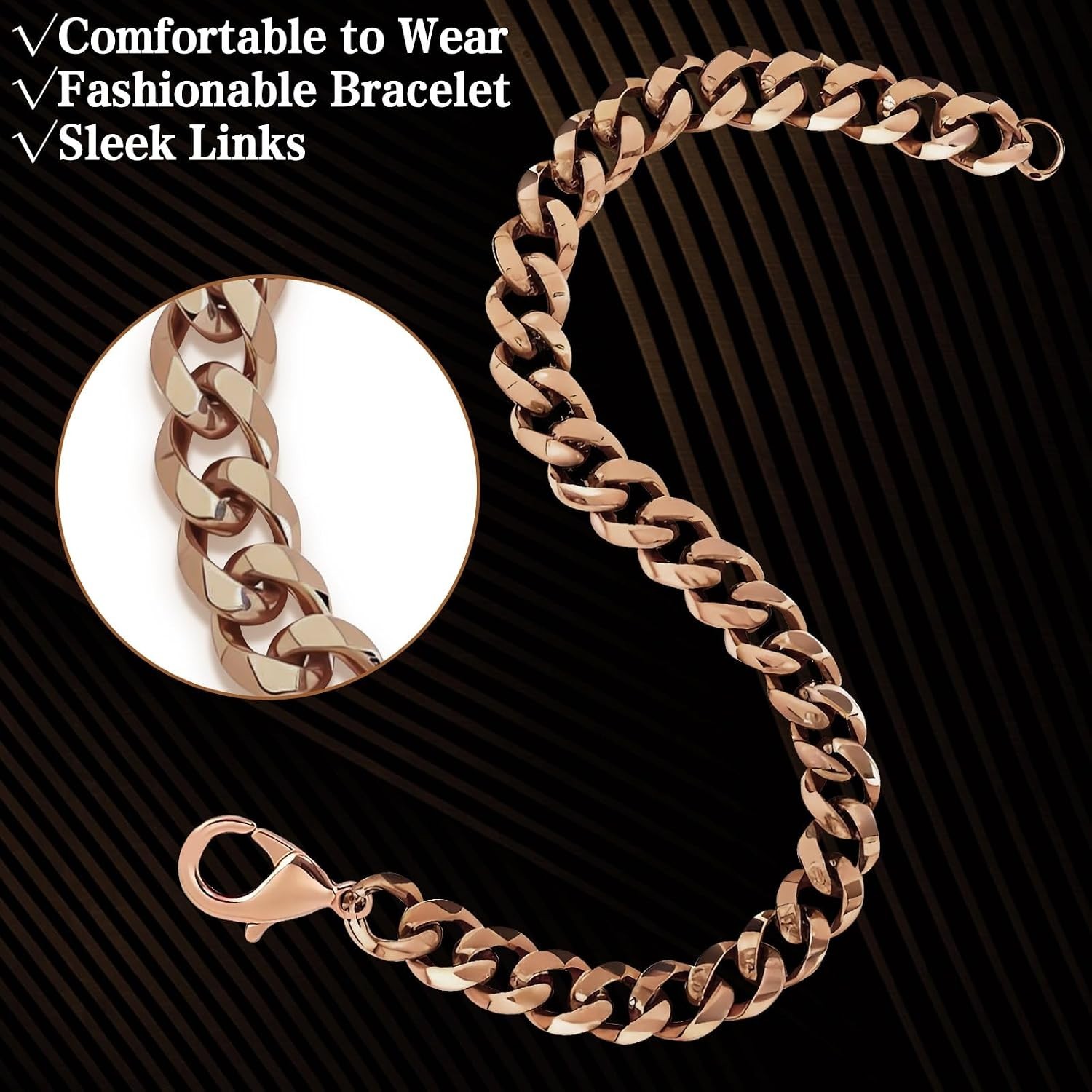 Fashionable Men’s Copper Bracelet – 9in Rose Gold Chain with Buckle Design