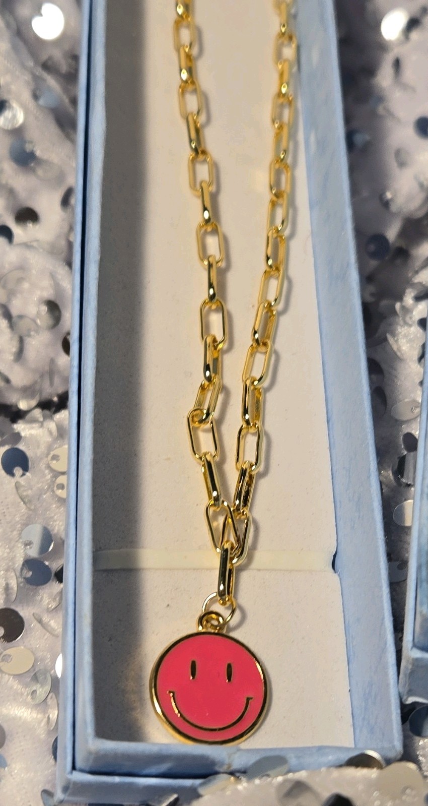 Gold Tone Bar Link Chain Necklace Enamel Round Smiley Charm Pendant