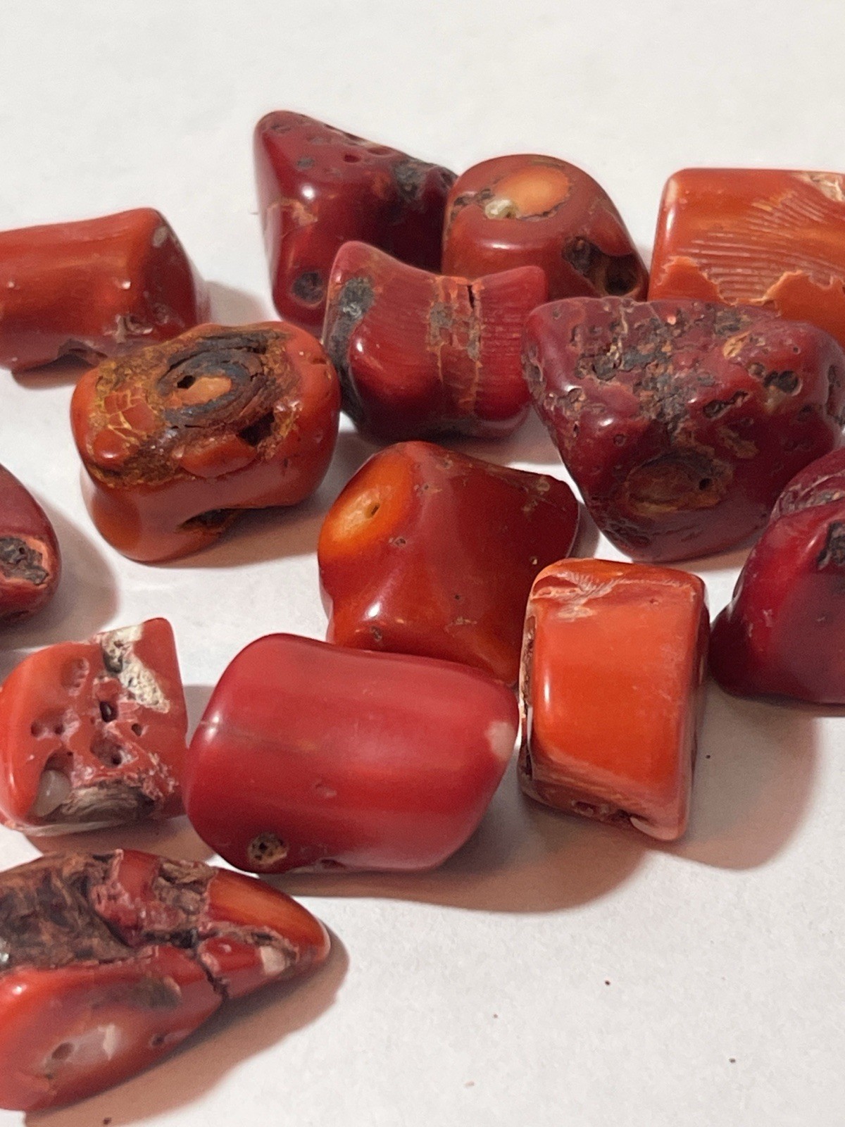 14 Natural Red Orange Coral Cut Gemstones Lot, Approx. 20x15mm Opaque