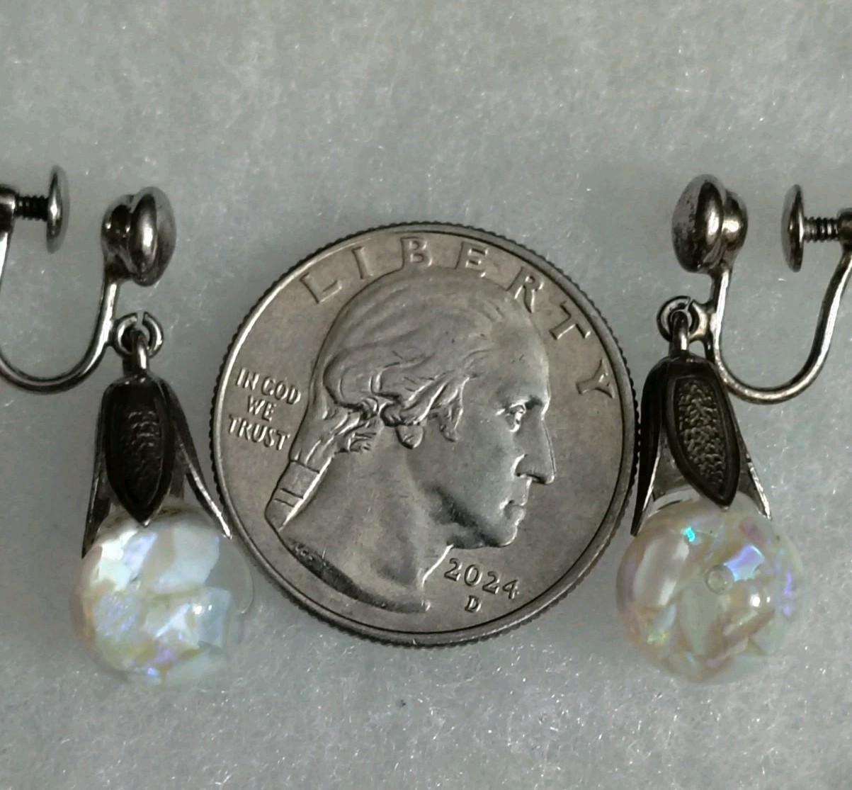Mid 20th Century Collectible “Opalyte” Earrings, Sterling, Iridescent, Screw On