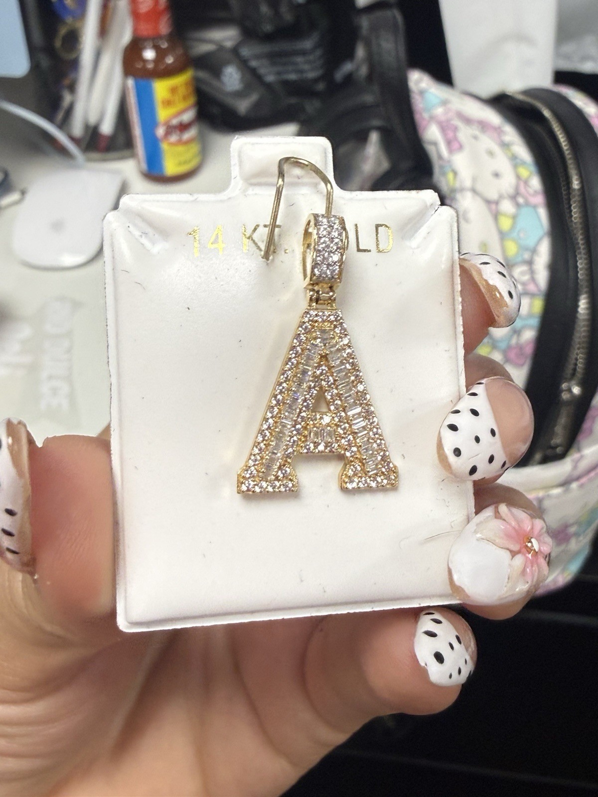14k Yellow Gold Diamond Pavé Letter A Pendant Charm White/Colorless Baguette