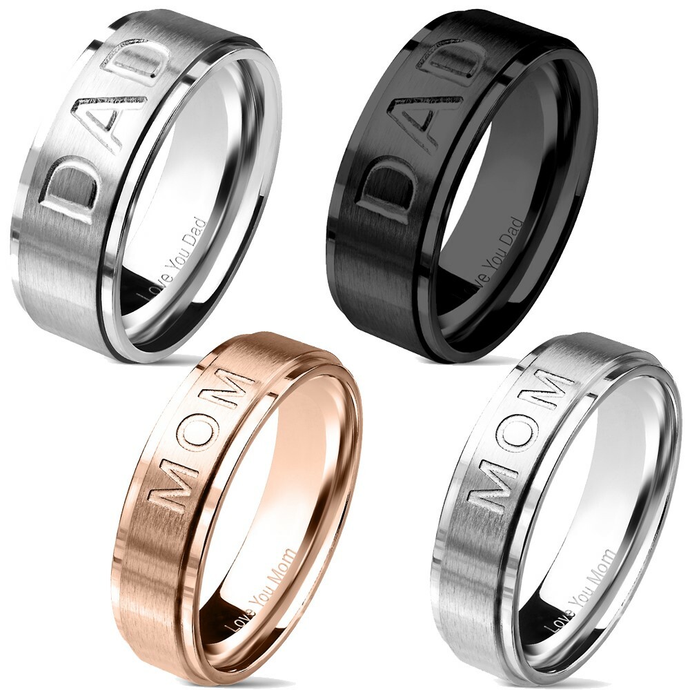 Stainless Steel “MOM” or “DAD” Brushed Band Ring Black Silver Rose Gold Plated