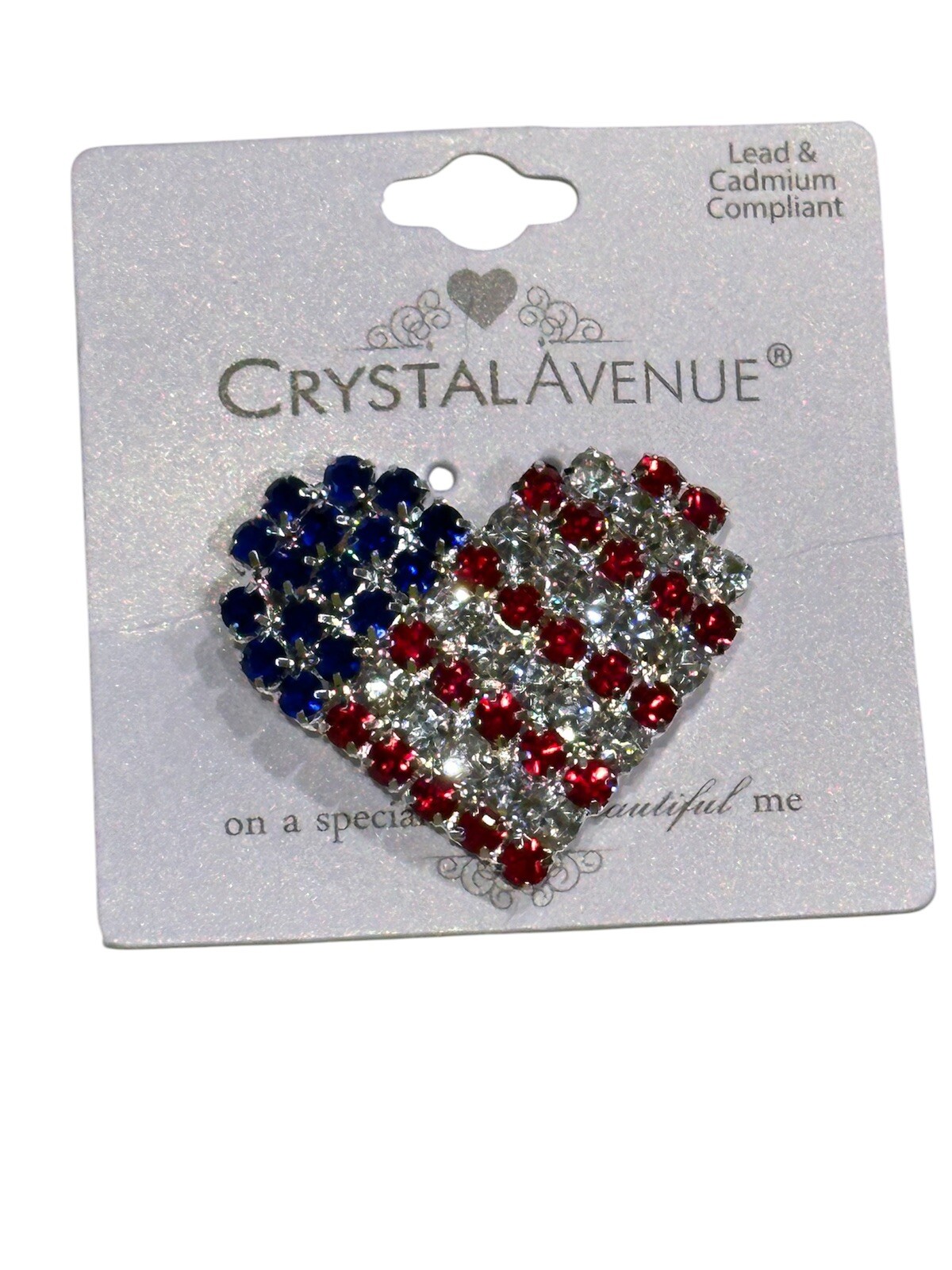 HEART US FLAG LARGE BROOCH PIN PATRIOTIC USA RED WHITE BLUE RHINESTONE BLING