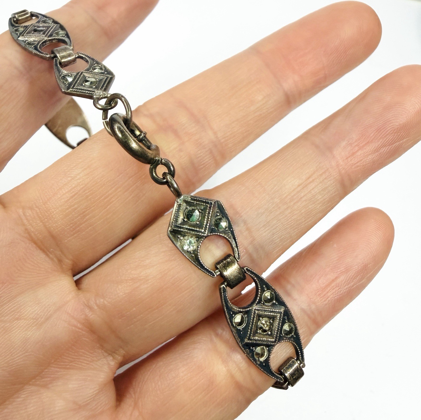 Rare Antique Art Deco Bracelet Blue Square Chalcedony Glass Beautiful Marcasite