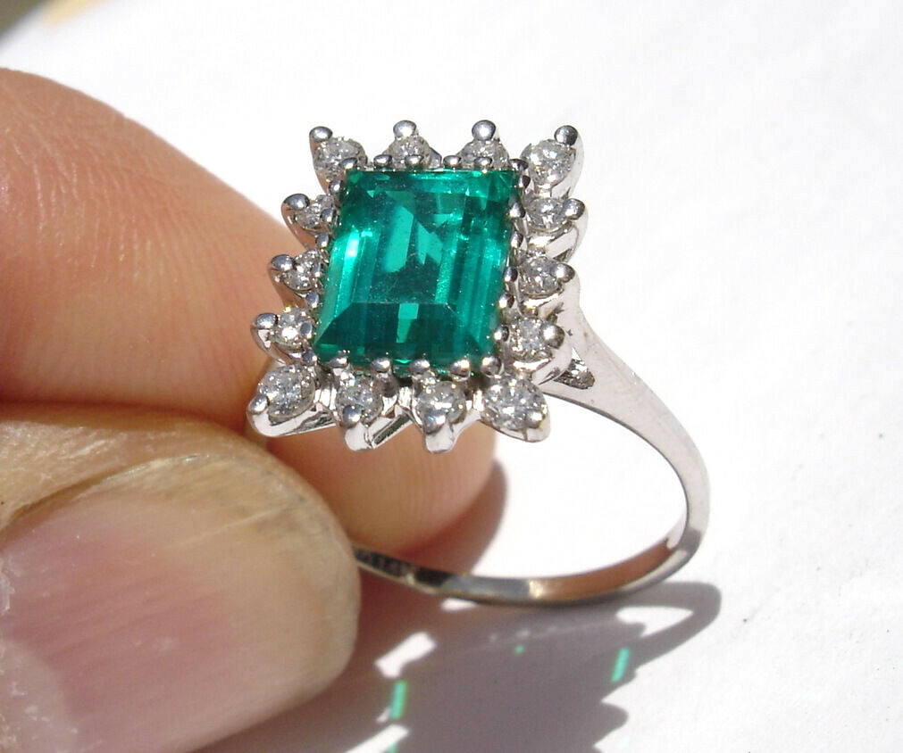 (1.51 Carat) EMERALD (.42 ctw) Diamond RING 14K white GOLD (Chatham lab created)