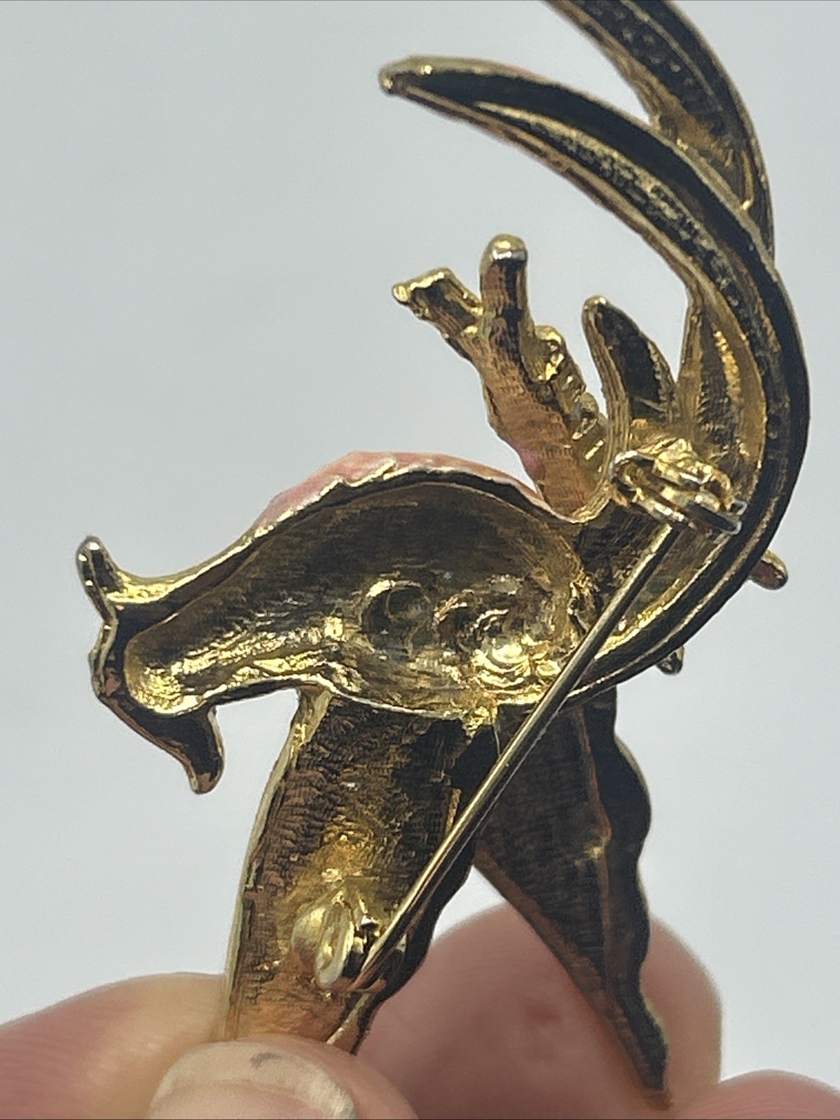 Vtg Bird of Paradise Phoenix Enamel Pastel Pink Blue Green Brooch 2.5″ Gold Tone