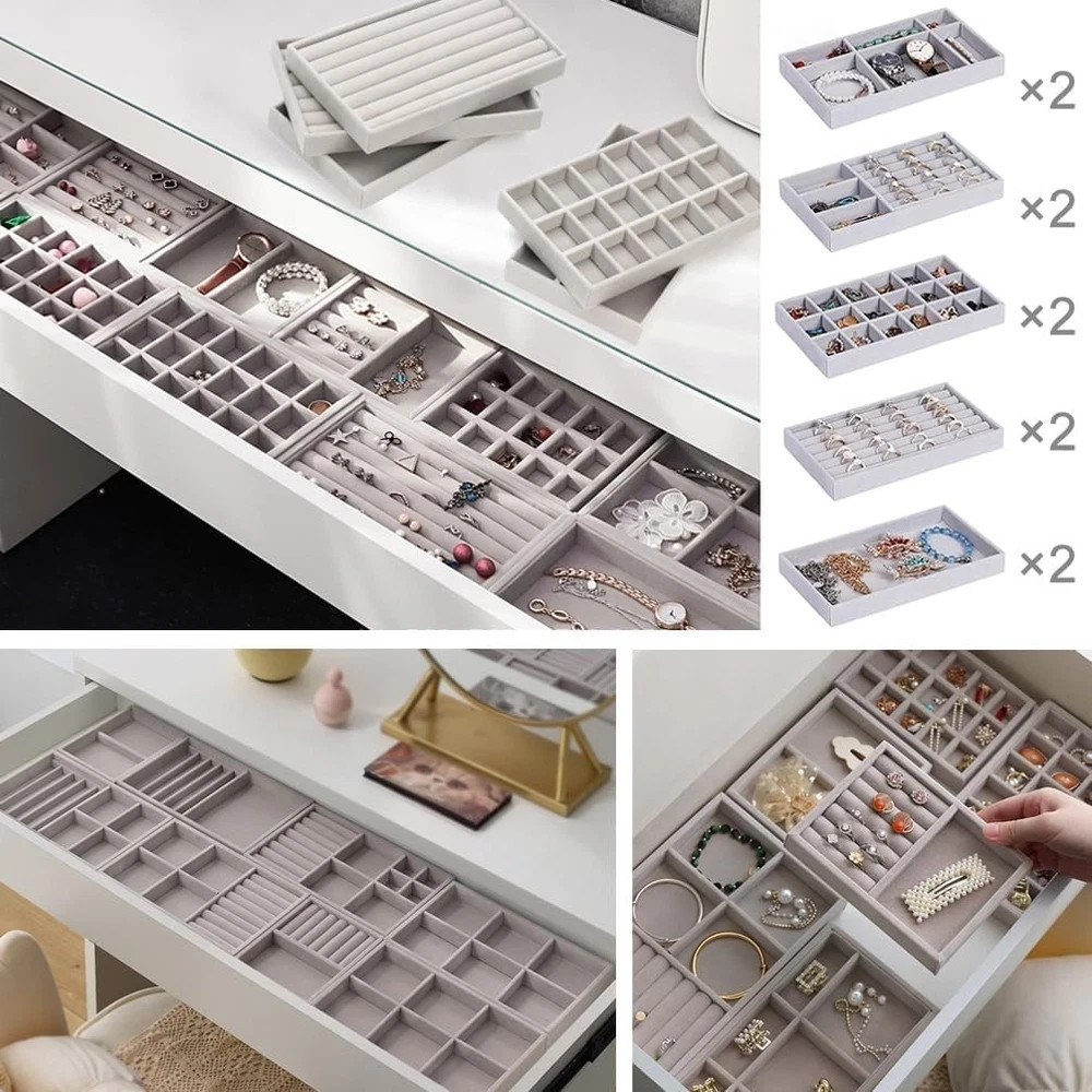 10 Pack Jewelry Organizer Tray Drawer Inserts,Stackable Velvet Liner Dividers..
