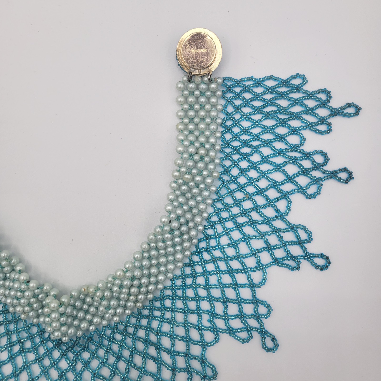 Woven Seed Bead Choker Collar Necklace Bib Teal Faux Pearl & Rhinestone