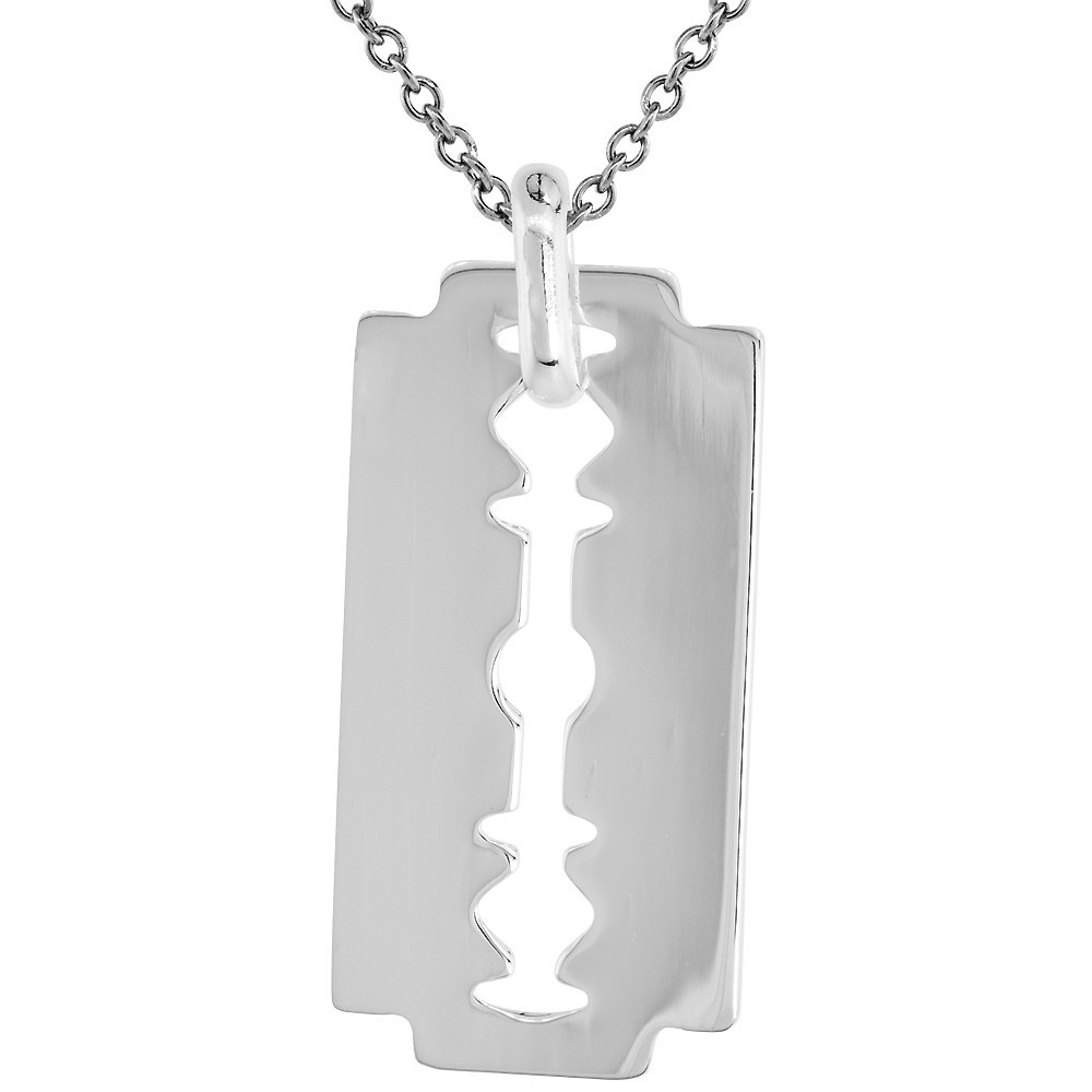 925 Sterling Silver Razor Blade Necklace 1 1/2 (38mm) Inch Tall w/ 24 Inch Chain