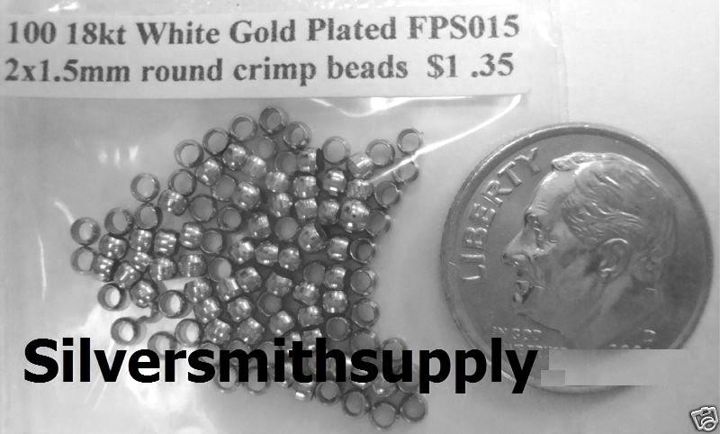 18kt White gold plated 2×1.5mm round crimp beads 100 fps015