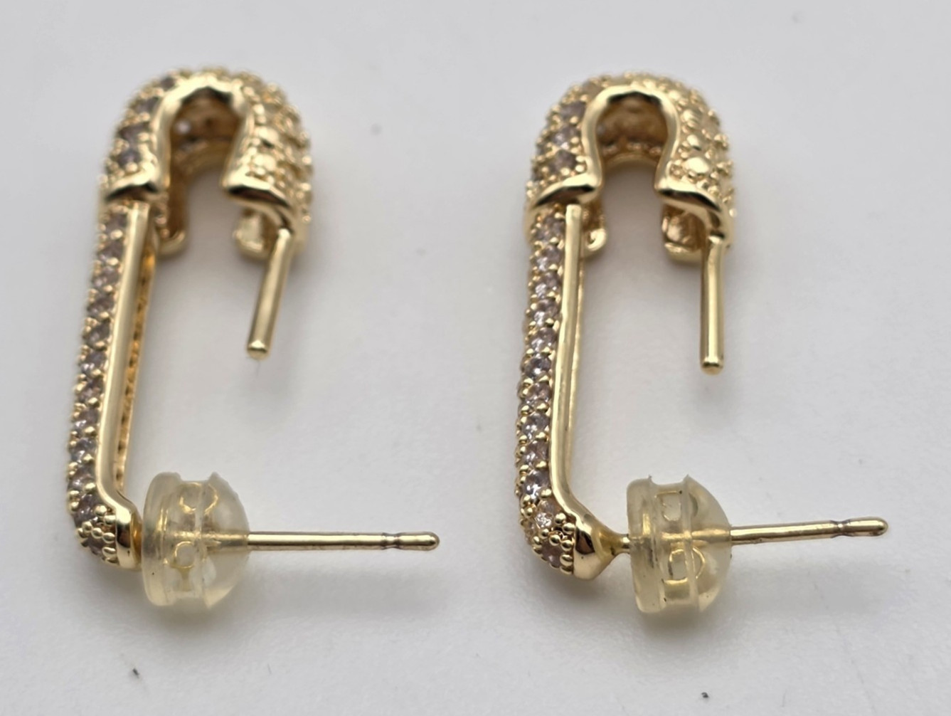 Gold Tone Clear CZ Pavé Safety Pin Stud Earrings 1 Inch Edgy Punk