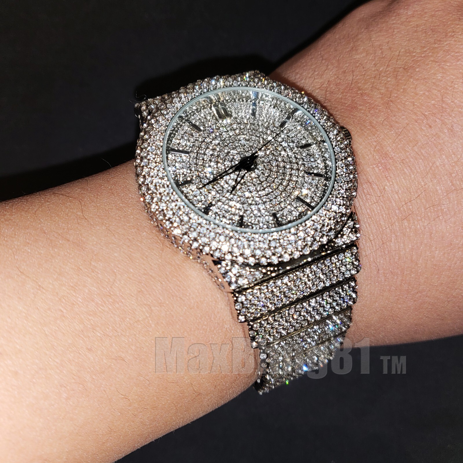 Men Luxury Bling Silver Finish Simulated Diamond Bracelet Full Iced Band Watch
