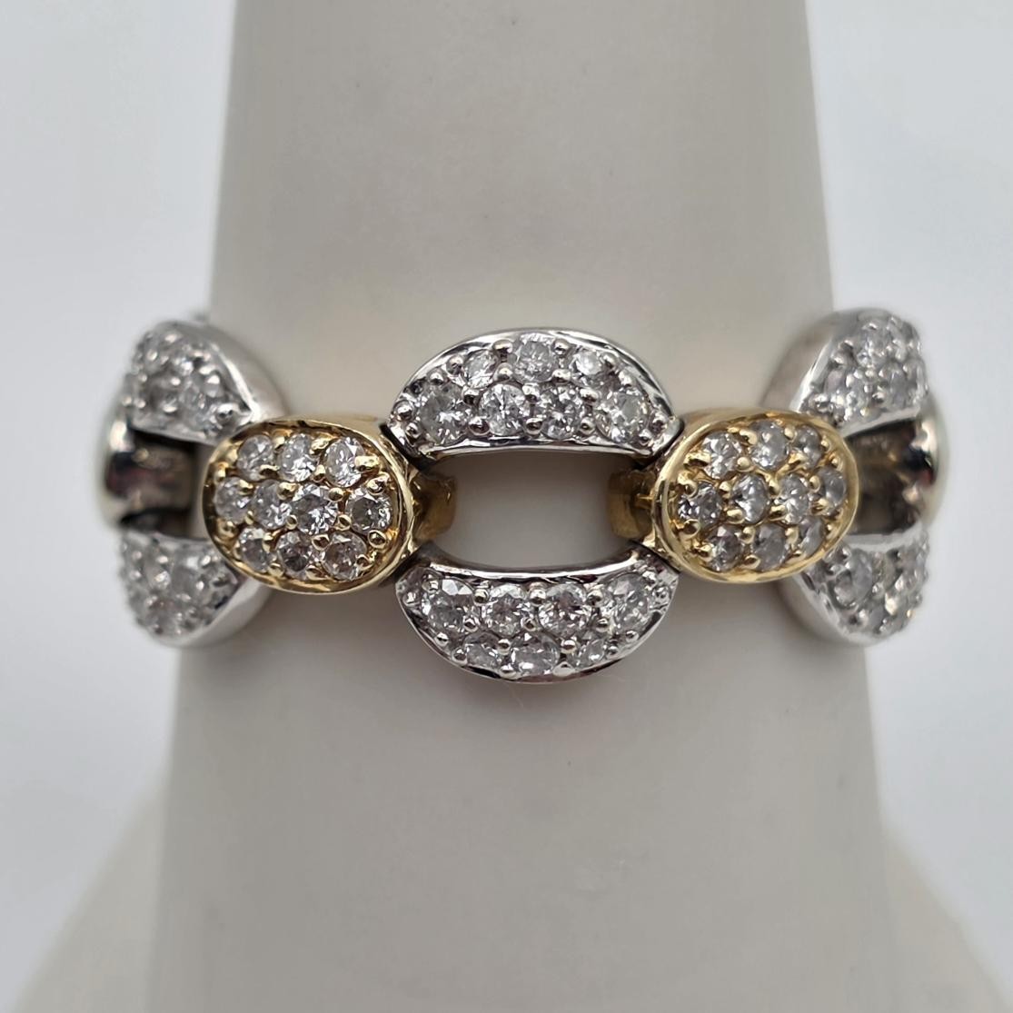 14K 2-Tone Yellow White Gold Pave Set Diamond Chain Link Style Ring Size 7.75