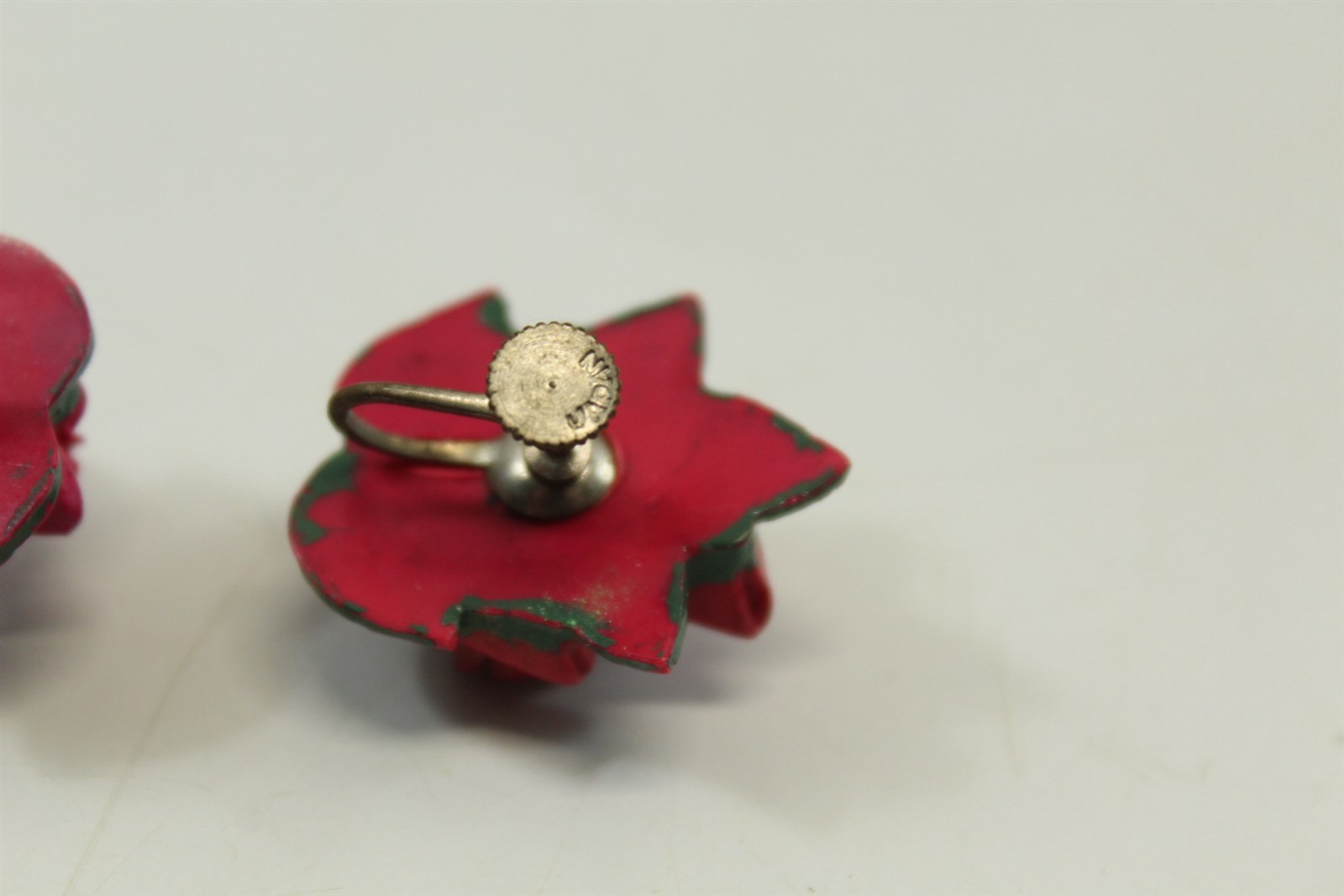 Vintage Earrings Red Rose Clip On Silver-tone Alloy On Acrylic Stamped Japan