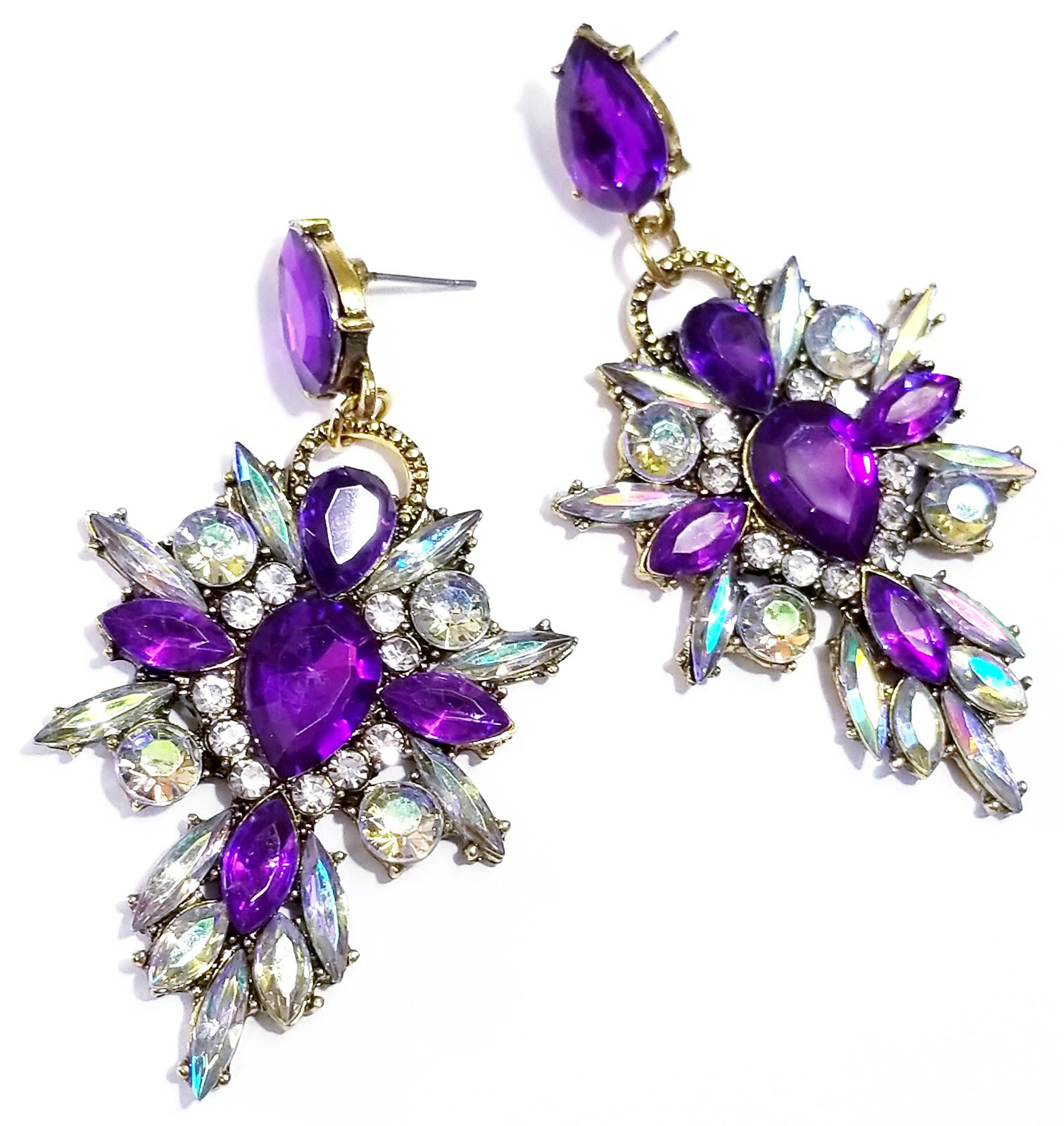 Chandelier Earrings Purple Rhinestone Crystal 2.8 in