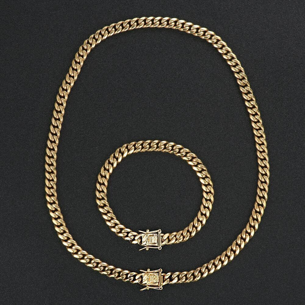 Men’s Miami Cuban Link Bracelet&Chain Combo Set 14K Gold Plated Stainless Steel