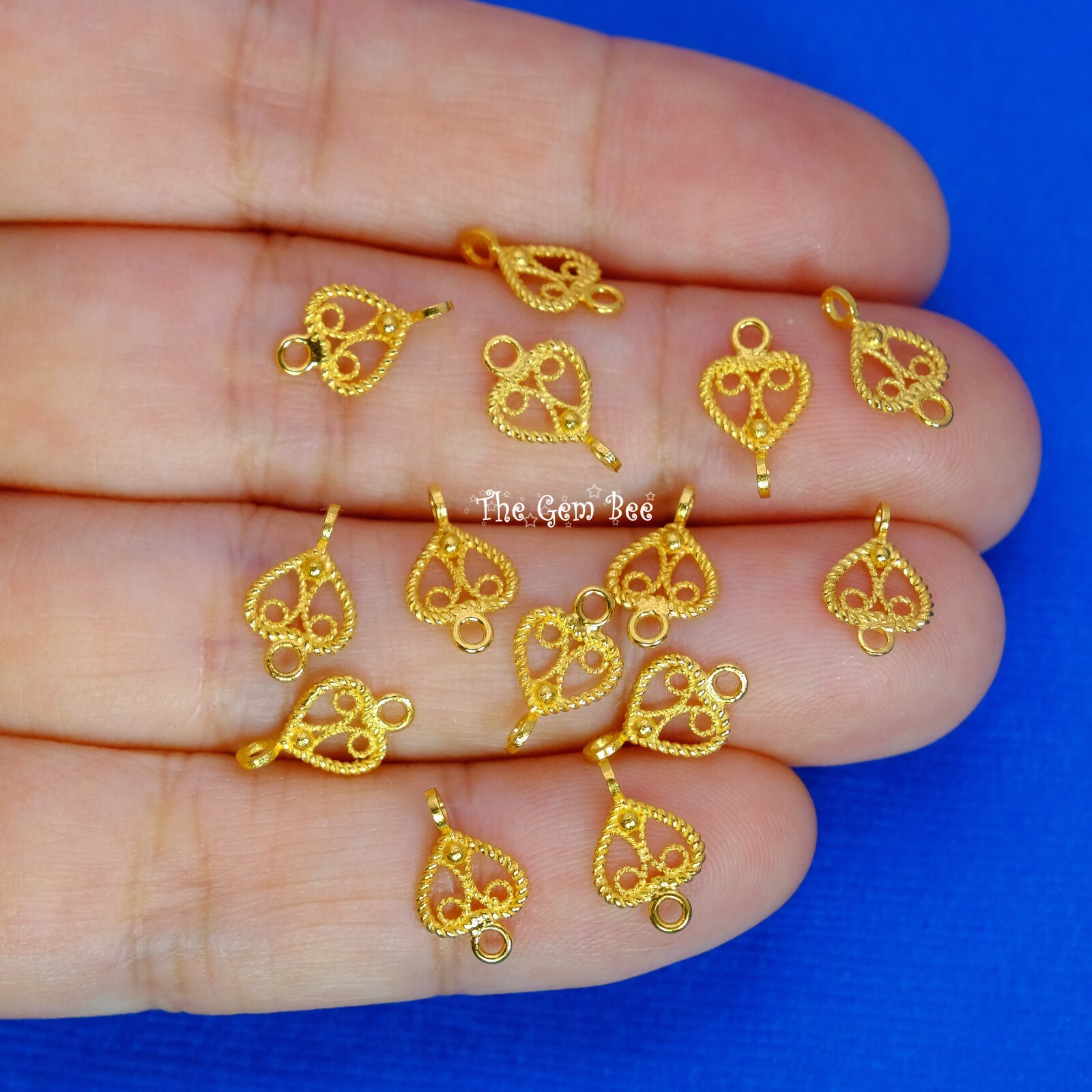 6.8mmx10.8mm 18k Solid Yellow Gold Filigree Heart Connector Charm Finding Pair
