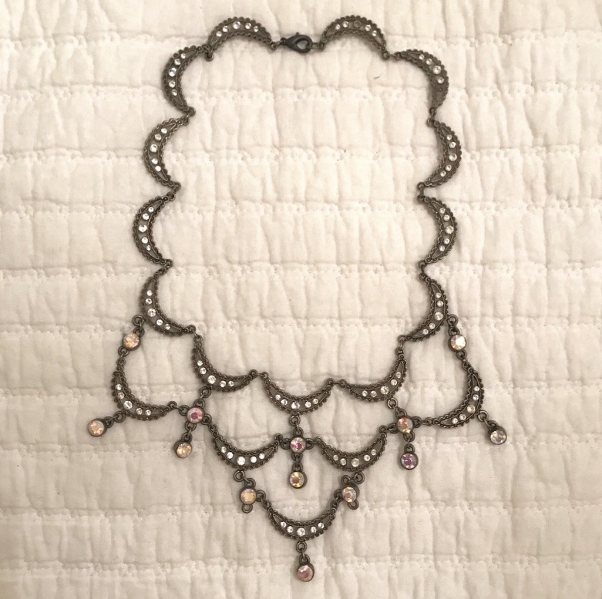 Vintage Crescent Scallop Necklace Iridescent Rhinestone Crystals Pewter Gunmetal
