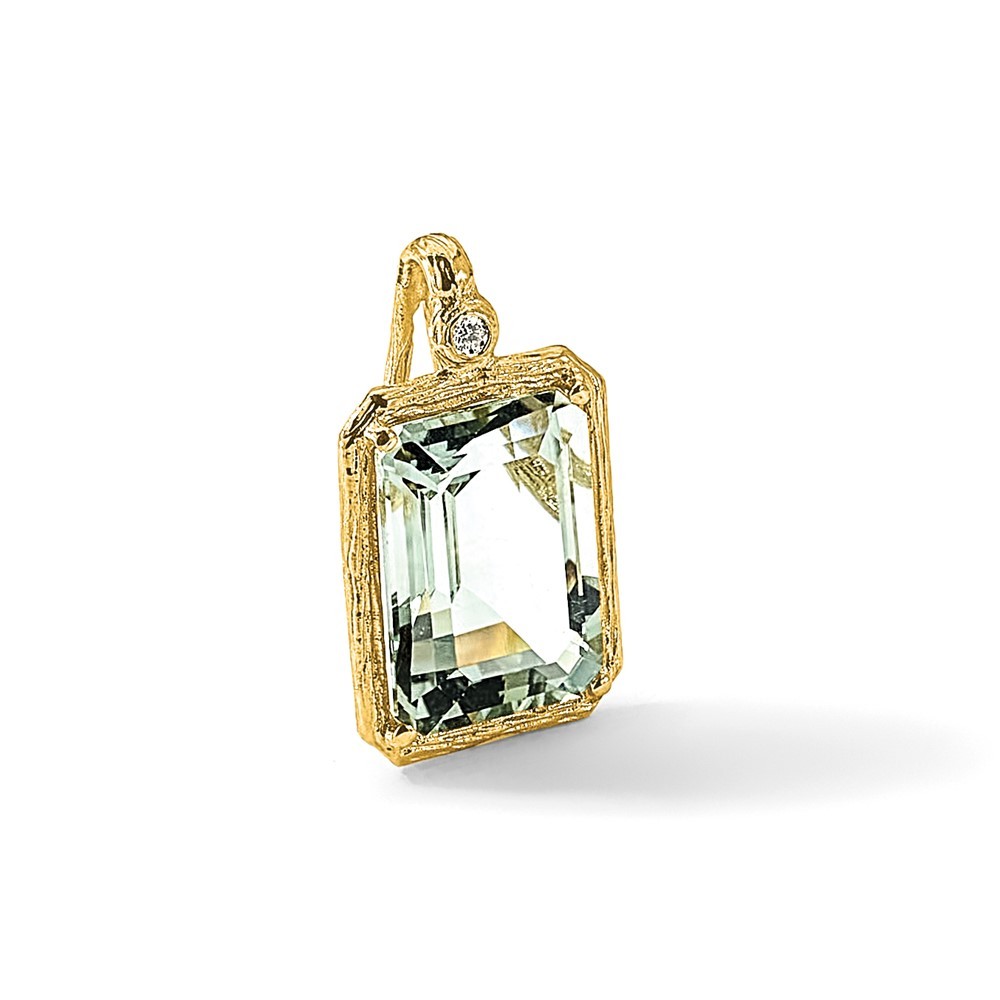 14K Yellow Gold Polished and Textured Diamond and Green Quartz Pendant 3.14g