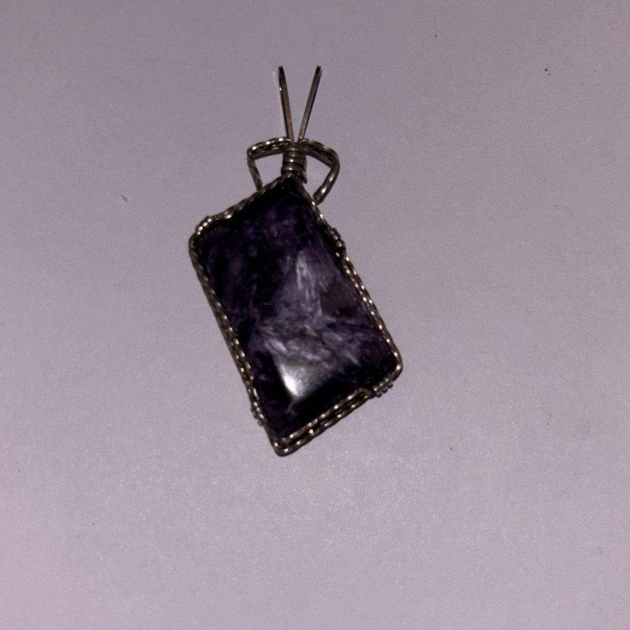 Charoite Stone 1.5” Pendant Asymmetrical Wire Wrap Purple With Silver Tone
