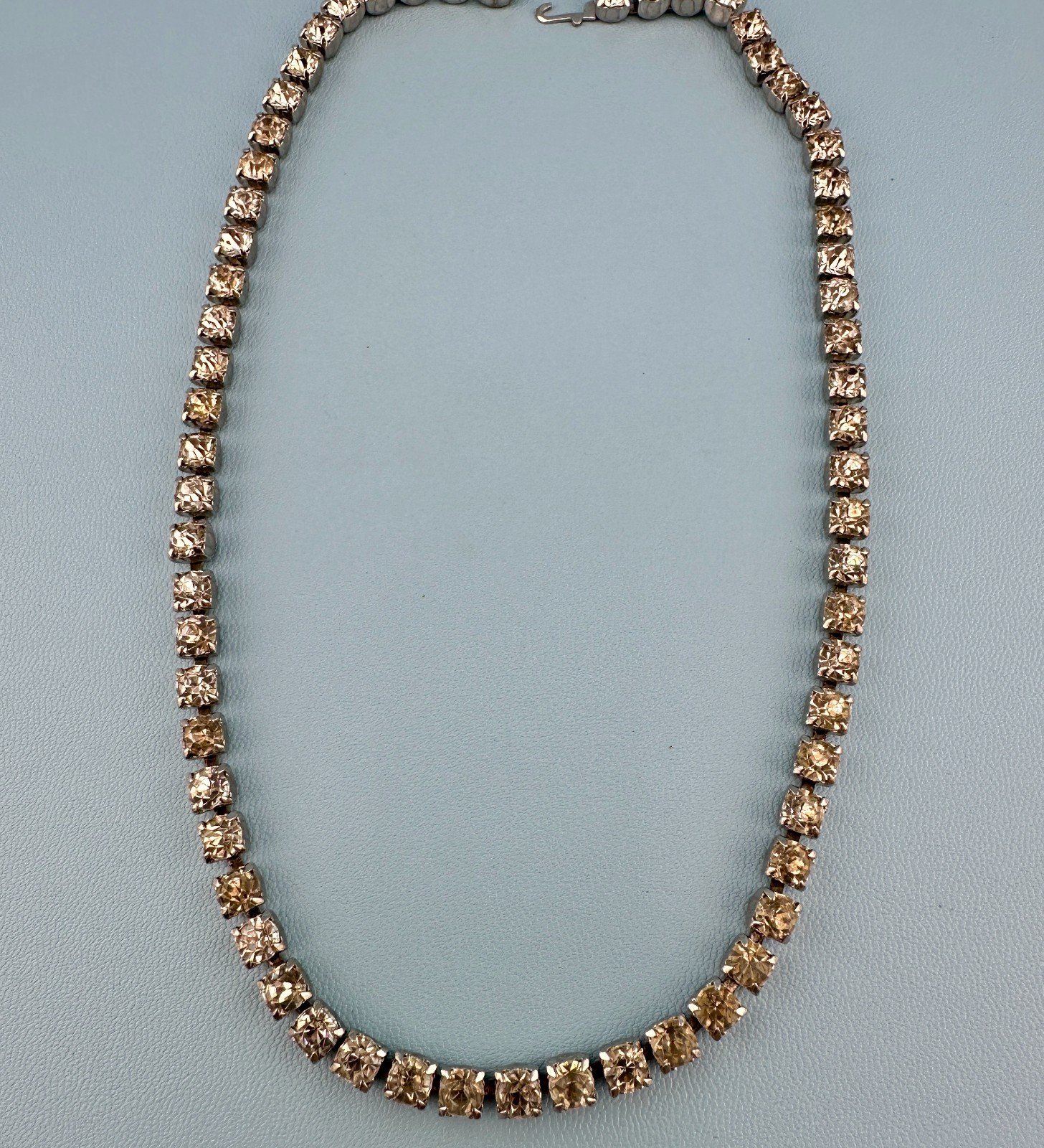 Vintage Rhinestone Choker Necklace Silver Tone Cup Chain Riviere Old Hollywood