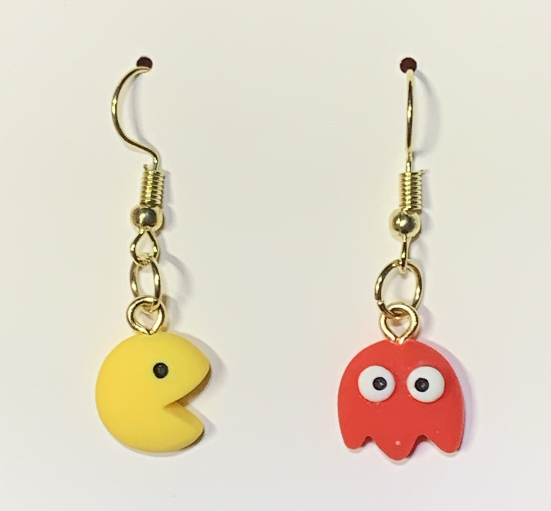 Gold PAC-Man & Ghost From Pac-Man Drop Dangle Earrings!!