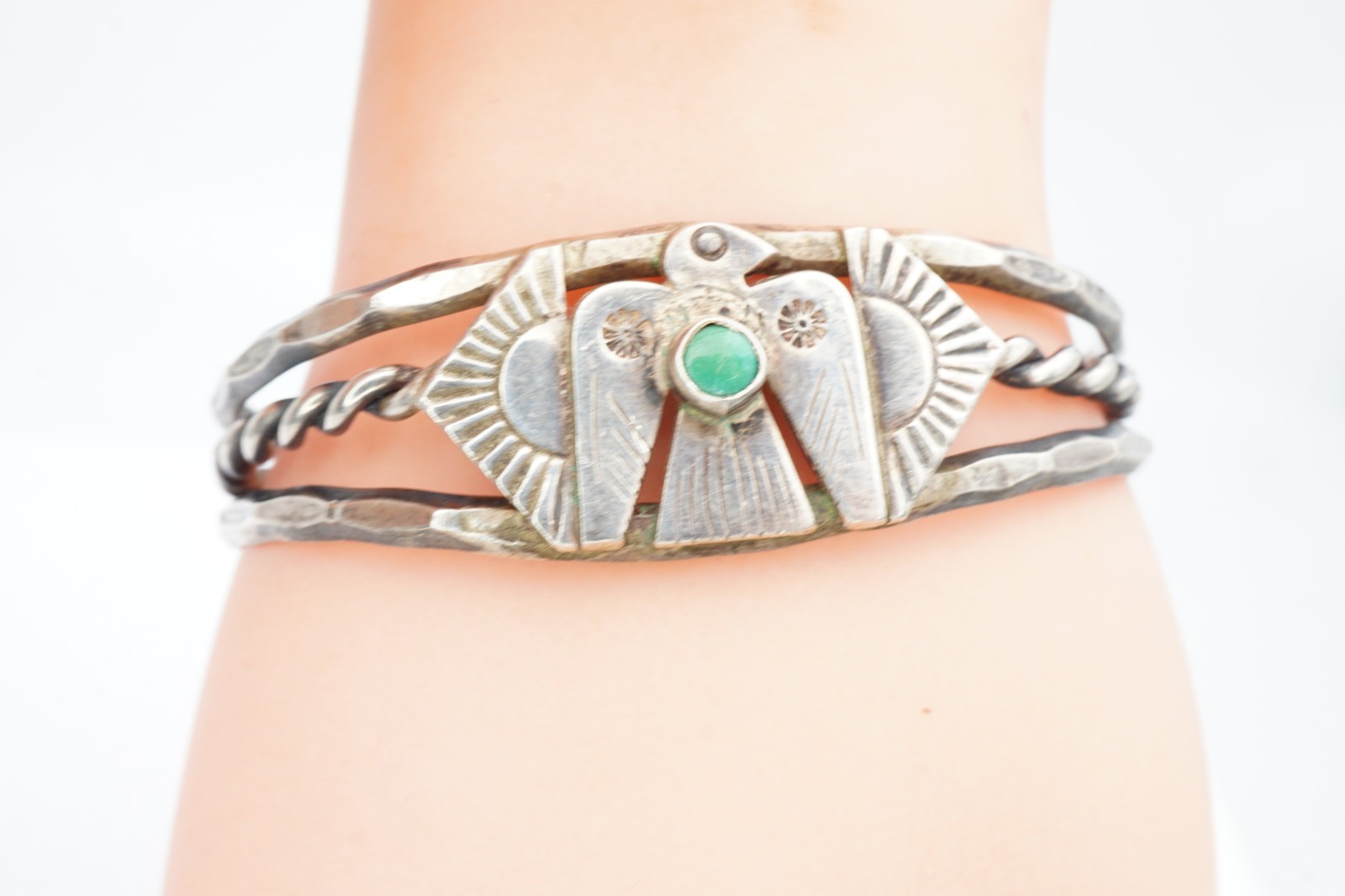 Vtg Fred Harvey Ear Navajo Sterling Silver Turquoise Thunderbird Bracelet 6.25″