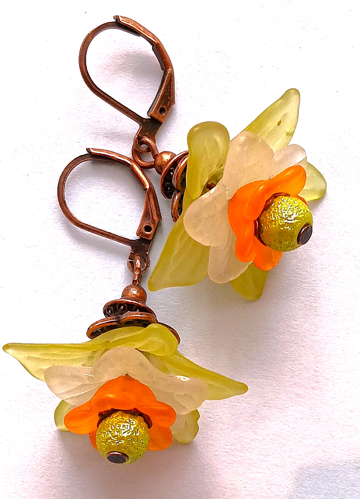 lime orange ACRYLIC LILY Green bicone Crystal COPPER LEVERBACK #ACTA