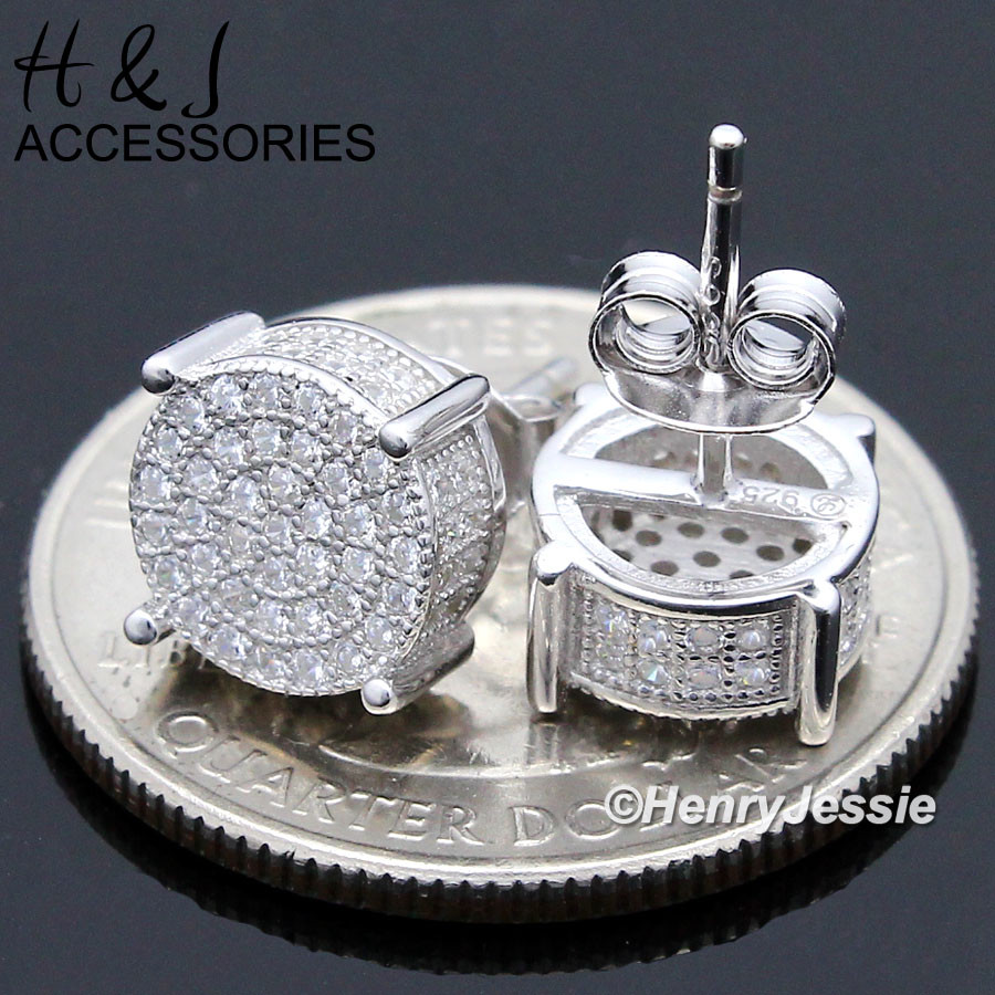 MEN 925 STERLING SILVER 8MM ICY BLING CZ ROUND PUSH BACK STUD EARRING*AE120