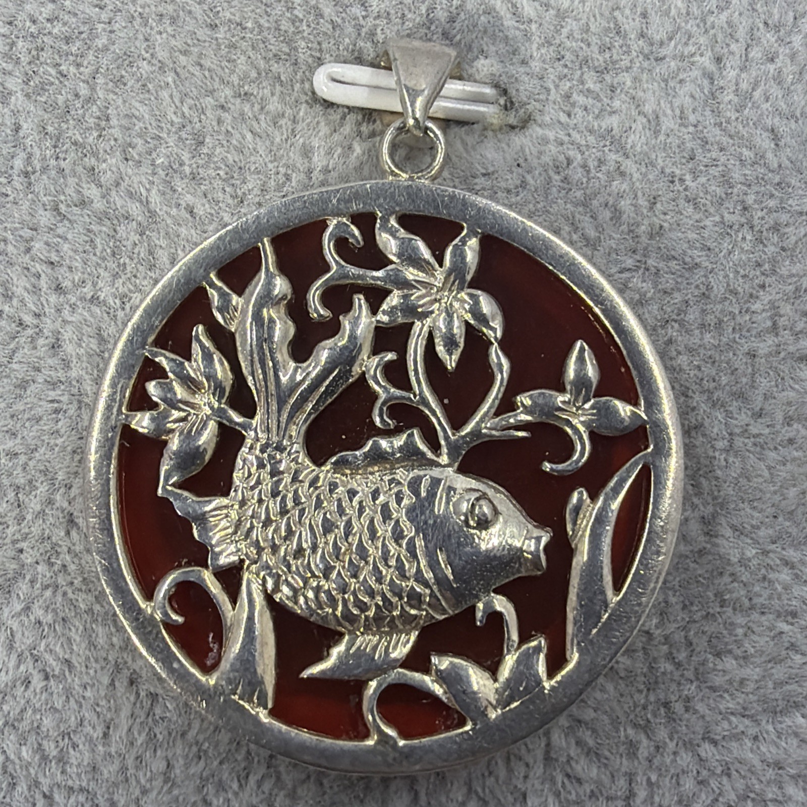 Vintage Sterling Silver Koi Fish Carnelian Pendant Round Filigree Medallion