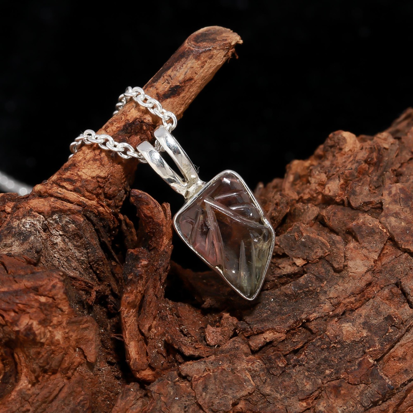 Natural Tourmaline Leaf Chain Pendant 925 Sterling Silver Jewelry Gift For Lover