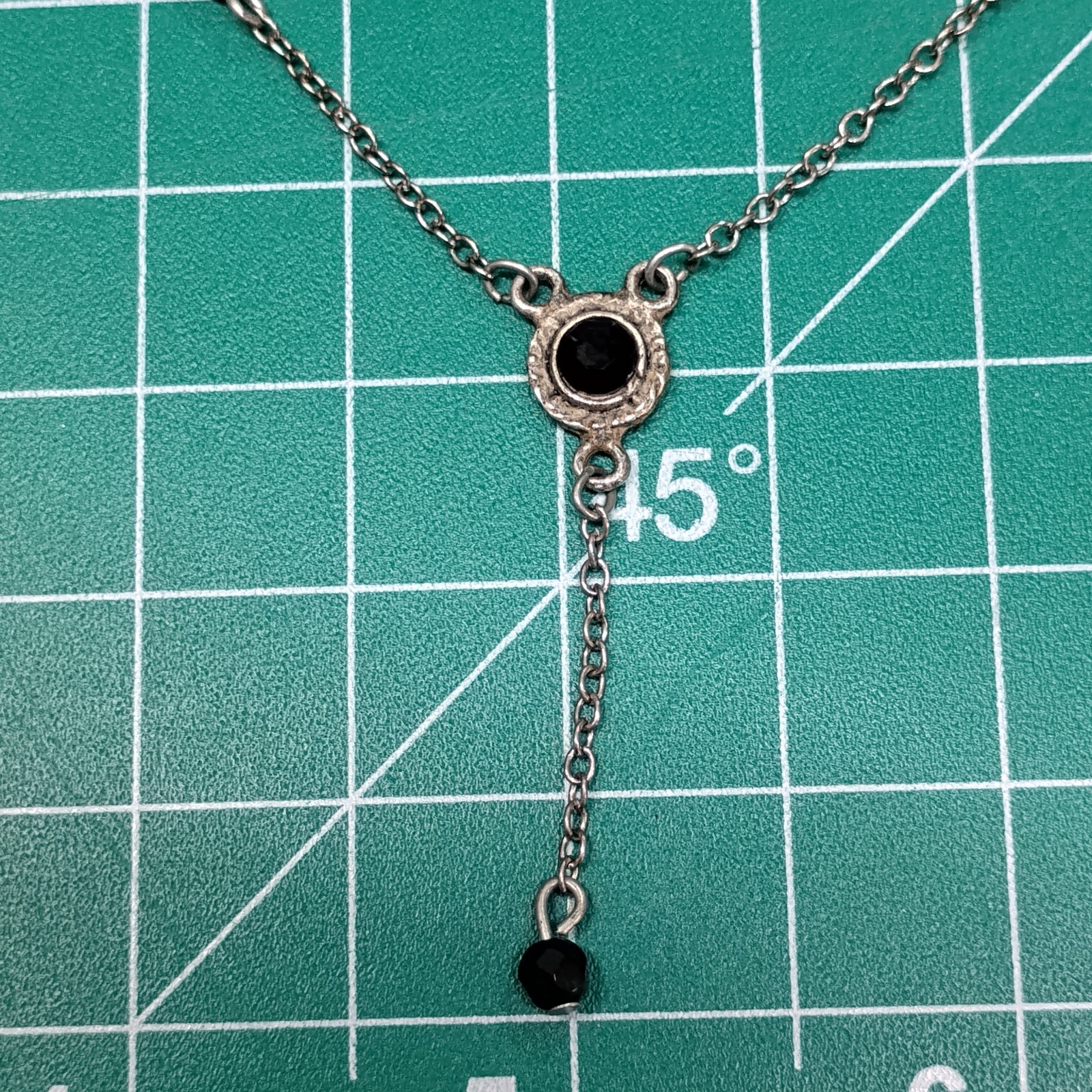 Vintage Silver Tone Black Glass Rhinestone Y-Drop Pendant 16” Chain Necklace
