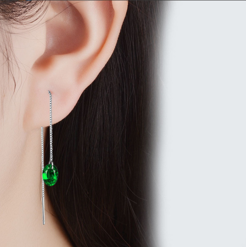 925 Sterling Silver Plated Oval Green CZ Threader Dangle Drop Chain Earrings C9