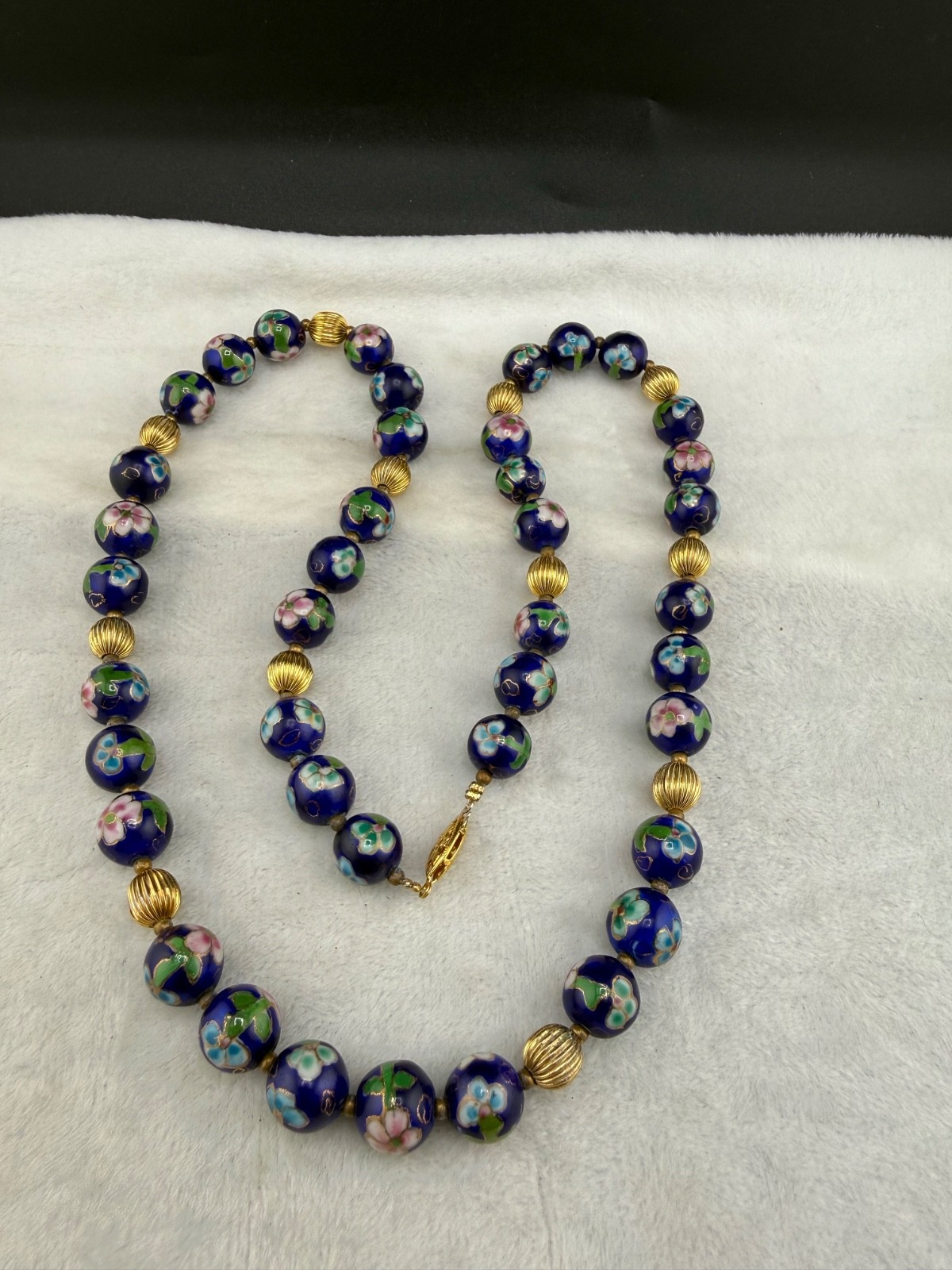 Vintage Cloisonne Beaded Necklace Blue Flower 28”