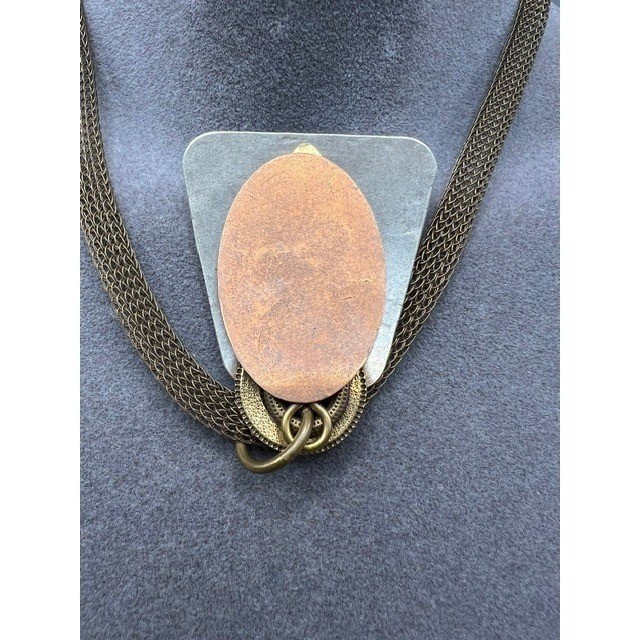 VTG Marjorie Baer SF Signed necklace Tri-Metal Plates Mesh Chain Bohemian Art