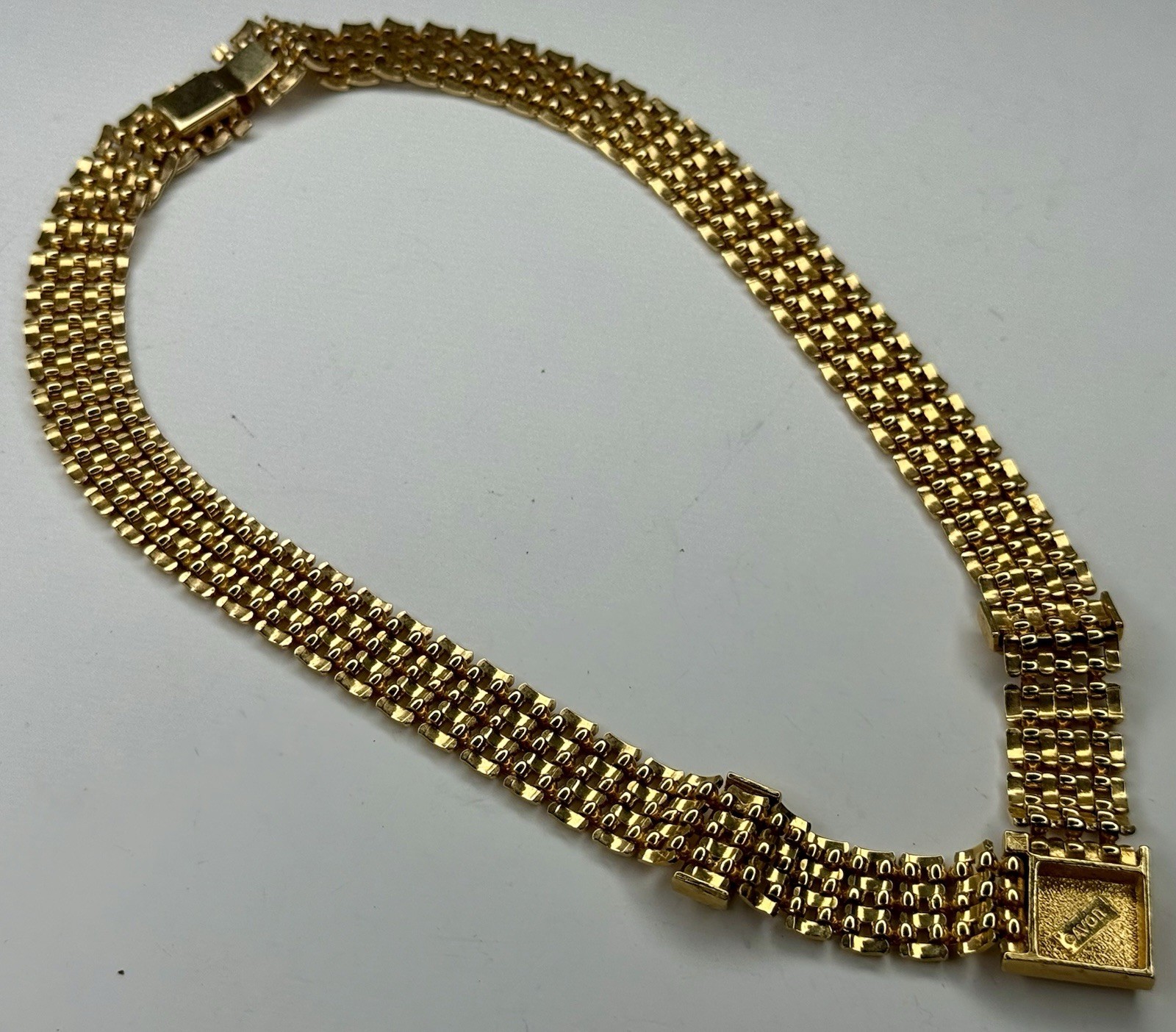 Vintage AVON Brick Chain V Shape Pave Rhinestone Push Lock GoldTone Necklace 16”