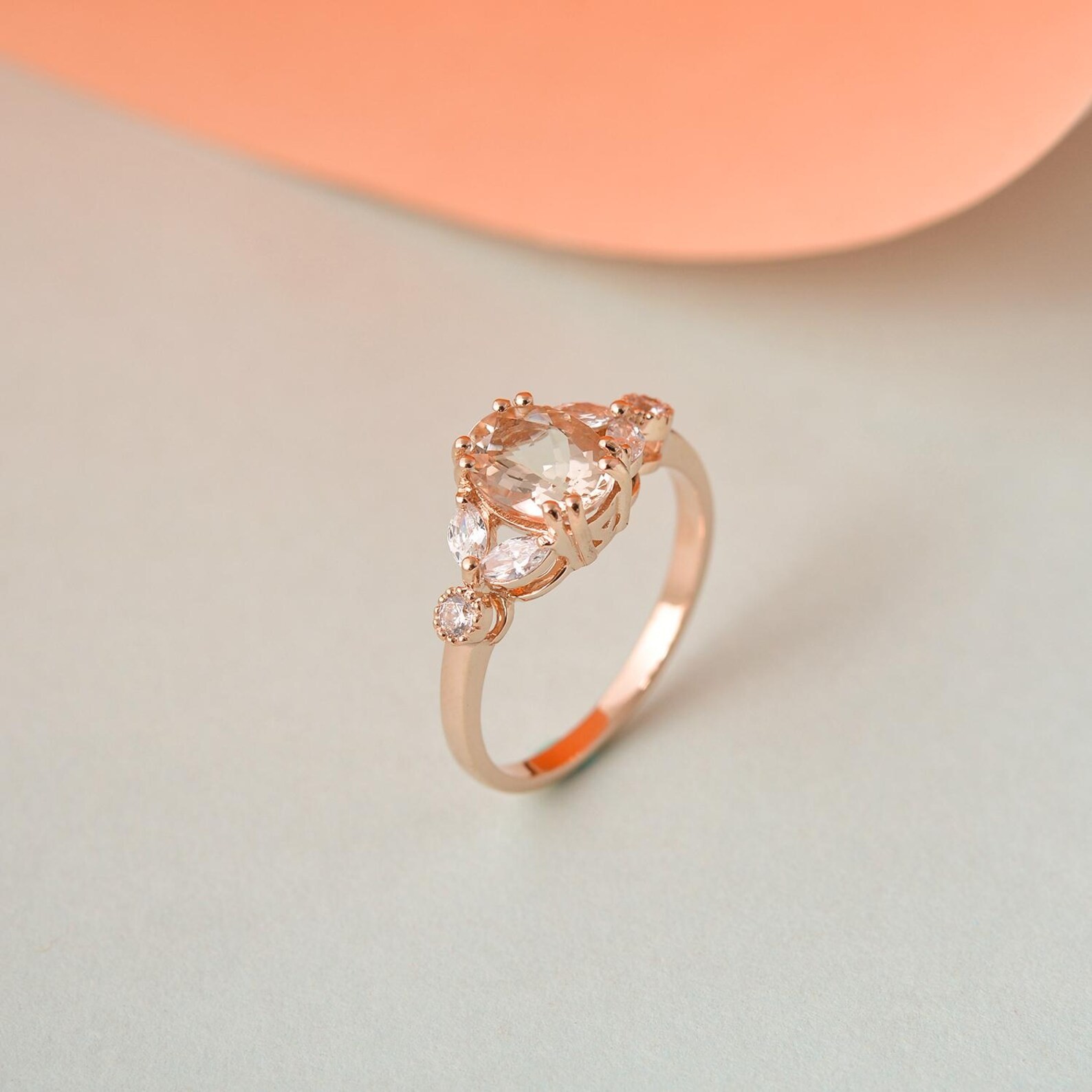 Morganite & Moissanite Wedding Ring Yellow Gold Plated 925 Silver Promise Ring