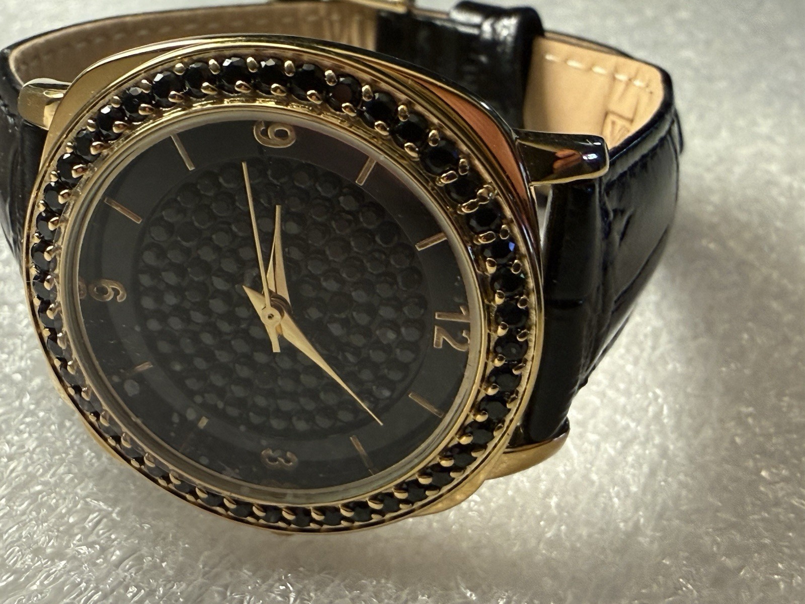 New Victoria Wieck Watch Womens Black Crystal Gold Trim Black Leather See Desc.