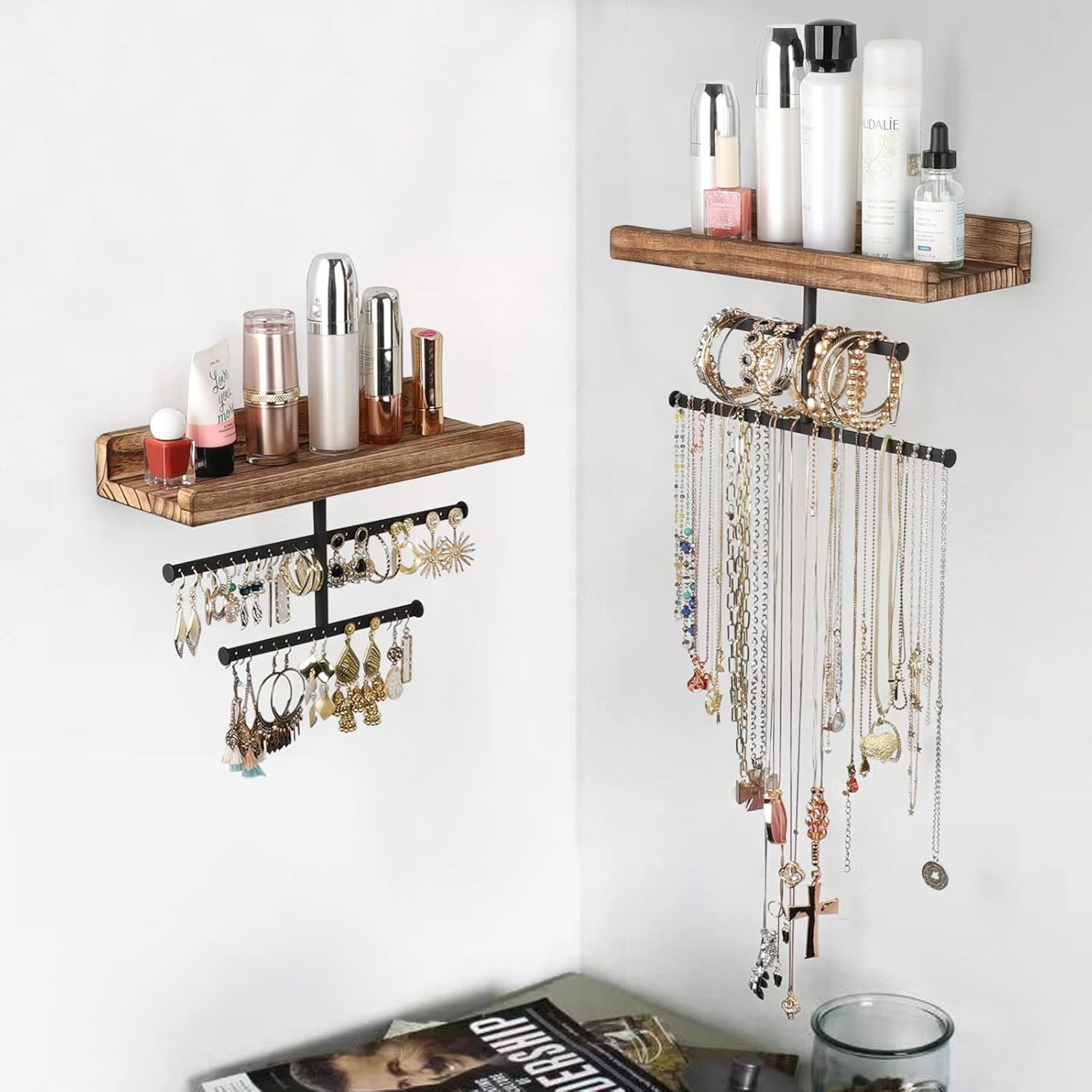 Hanging Wall Mounted Jewelry Organizer with Rustic Wood Jewelry Holder Display f