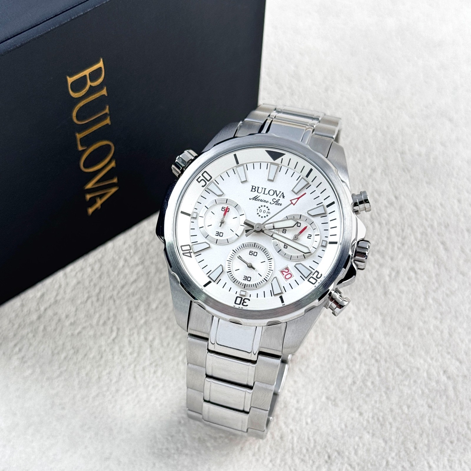 Bulova Men’s Marine Star 96B255 White Dial Stainless Steel Chronograph Watch