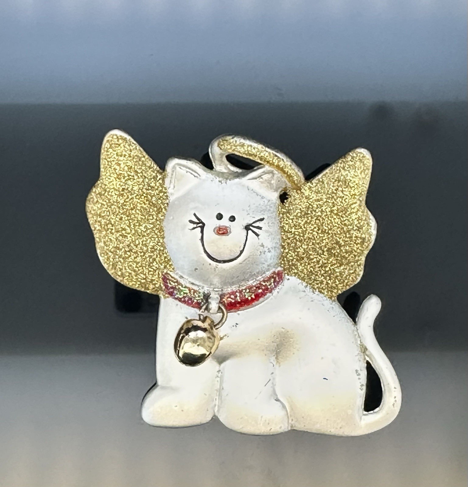 Vtg Signed Christmas Cat Angel Brooch Silvertone Gold Shimmer AJMC Bell Pin