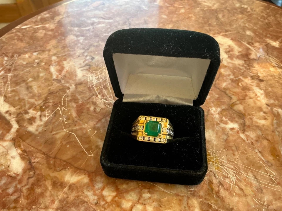 AAA 1.50CT Emerald Cut Natural Emerald & Diamond Men’s Gift Ring 14K Yellow Gold