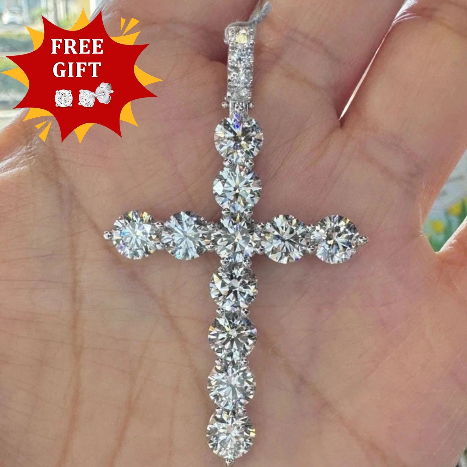 6.70Ct Round Lab Grown Diamond Cross Pendant 14K White Gold 2″Inch Free CZ Stud