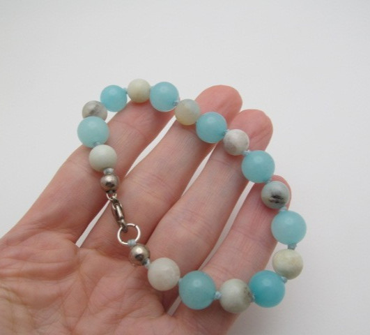 Blue Amazonite Natural Stone Knotted Ball 9.5mm Silver Tone Bracelet 8.25 In