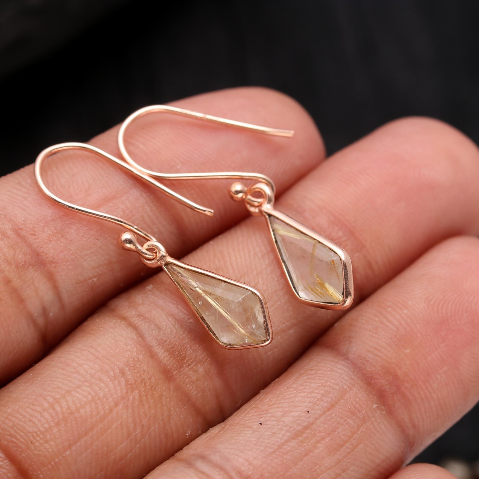 Natural Golden Rutile Kite Dangle Earrings Rose Gold Plated Solid Silver Jewelry