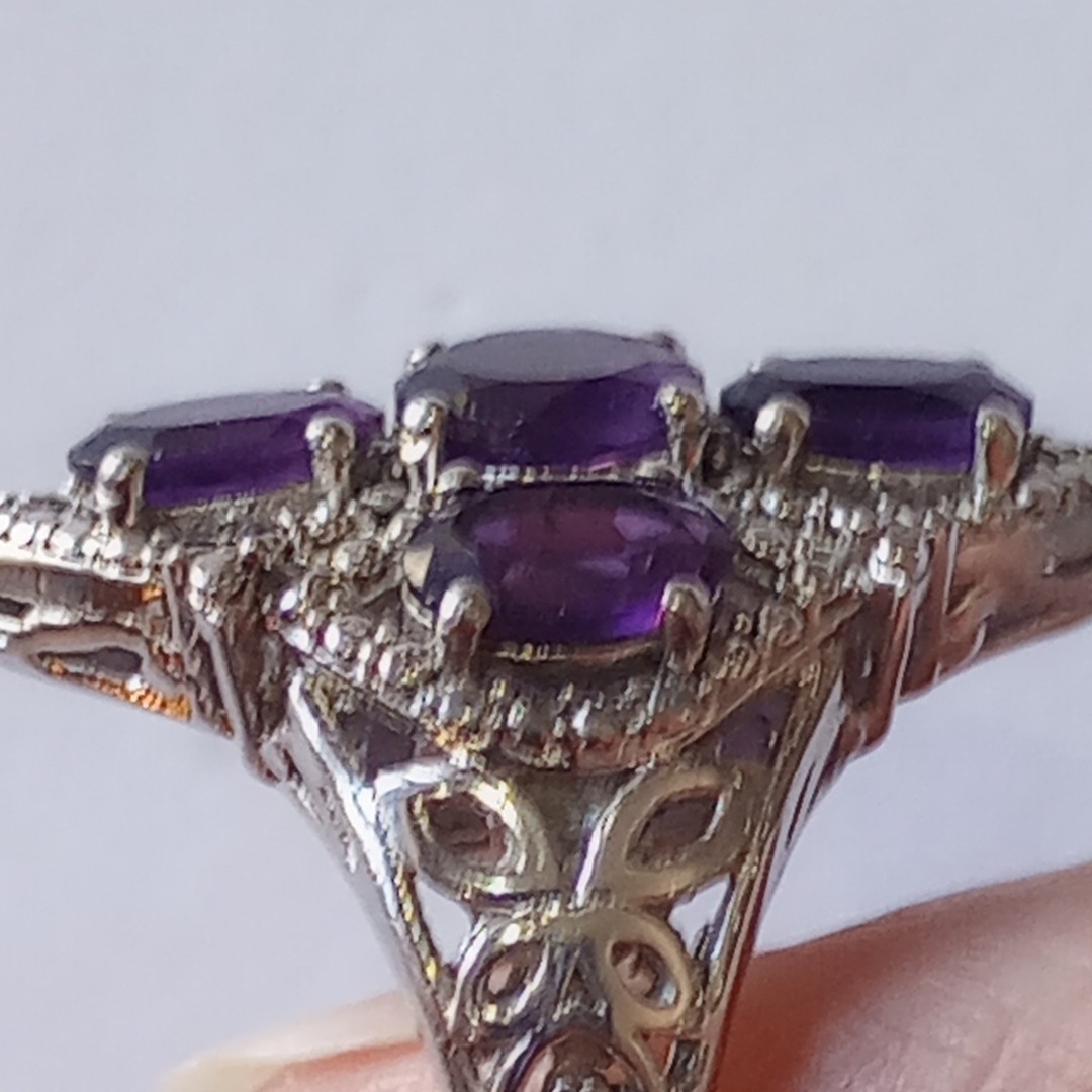 Vintage STS Karis Gothic Cross Amethyst Ring,Silver Tone Cocktail Ring Size 6.5