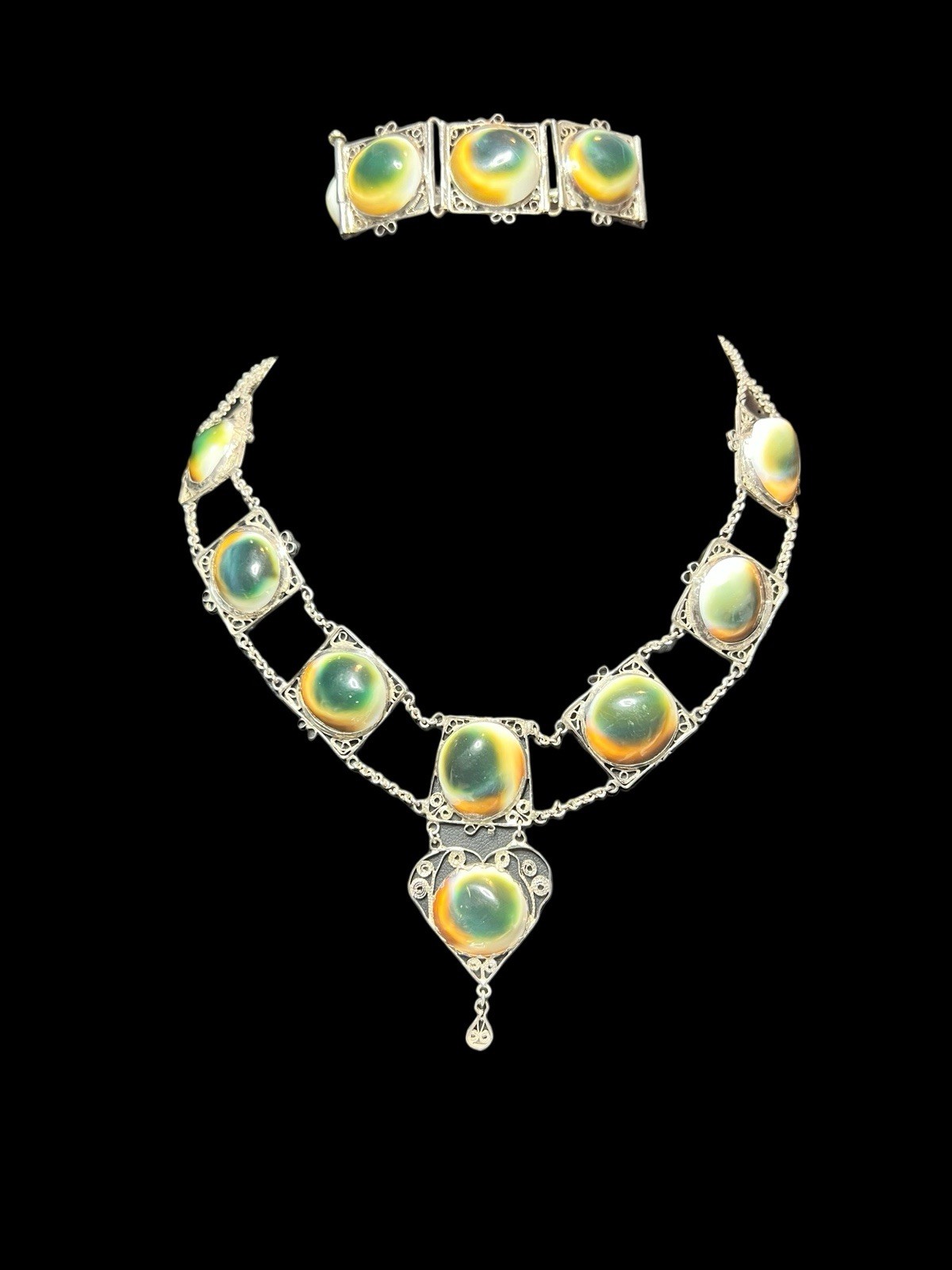 SS Vintage Filigree Necklace Bracelet Set Natural Operculum Cabochons Cats Eye
