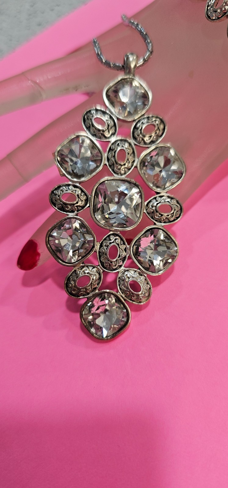 Three piece set chain pendant bracelet silver tone crystals unbranded sparkly.
