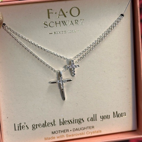 FAO Schwarz Cross Necklace Set Swarovski Crystals Silver Tone Mother Daughter